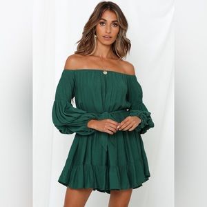 Indikah Green Ruffle Dress Off The Shoulder Wrap EUC Size Small Fits Medium Too